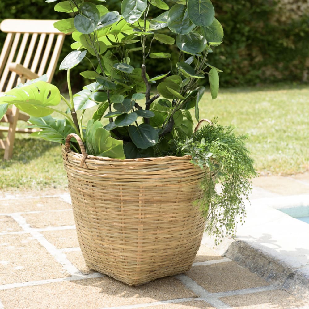 Pot de fleur rond D60 en bambou naturel avec anses