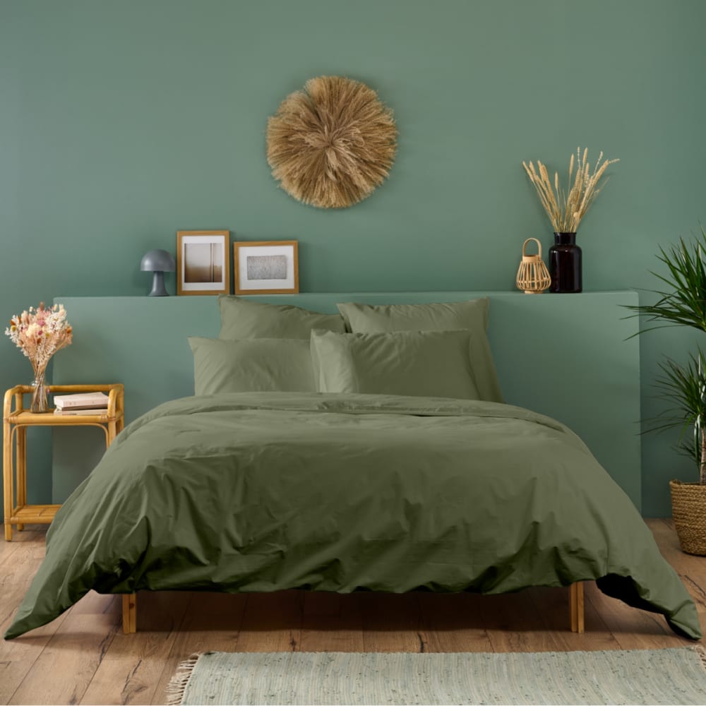 Parure de lit 1 personne coton percale kaki 140x200cm