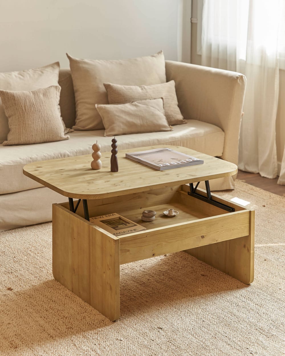 Couchtisch höhenverstellbar aus Tannenholz Natur - Maisons Du