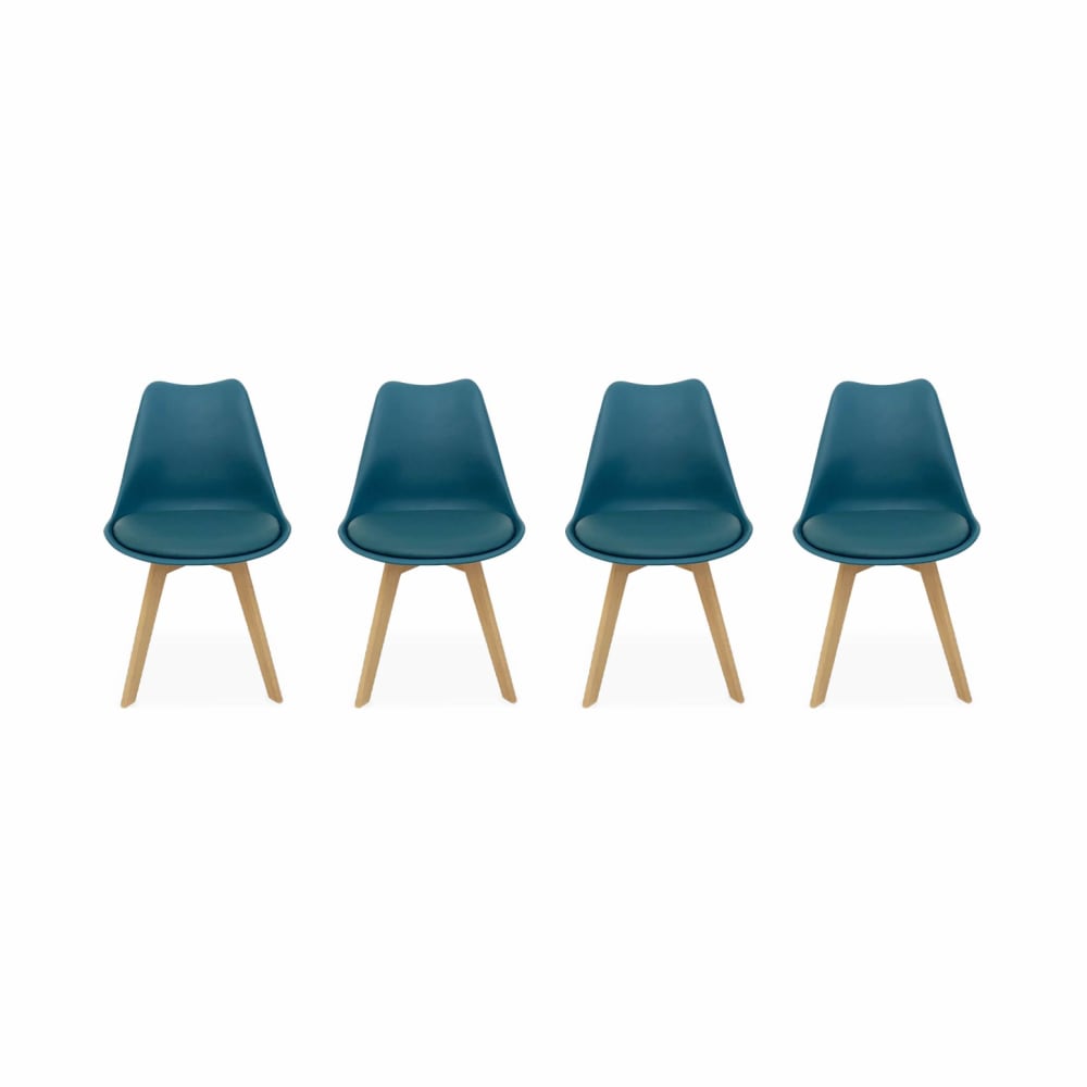 4 chaises scandinaves  pieds bois de hêtre bleu canard