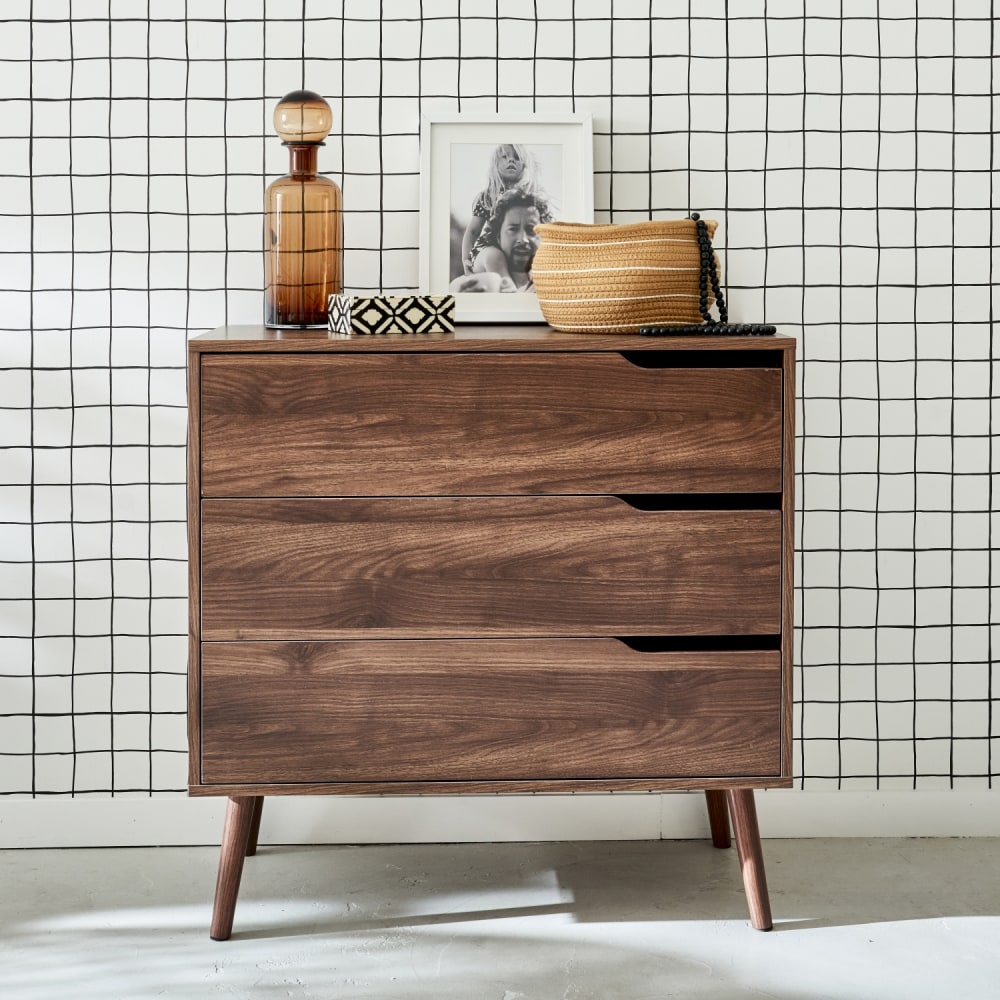 sweeek Kommode mit Nussbaumholzdekor, 3 Schubladen style vintage Braun Spanplatte