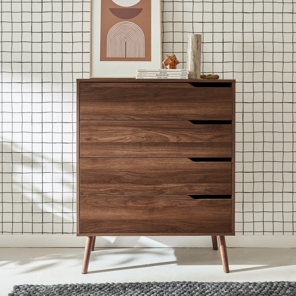 sweeek Kommode mit Nussbaumdekor, 4 Schubladen style vintage Braun Spanplatte