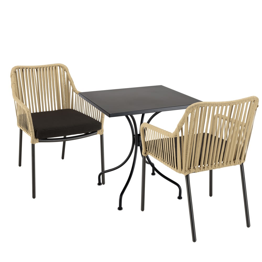 Salon de jardin 2 pers - table carrée 70cm et 2 fauteuils beiges/noirs