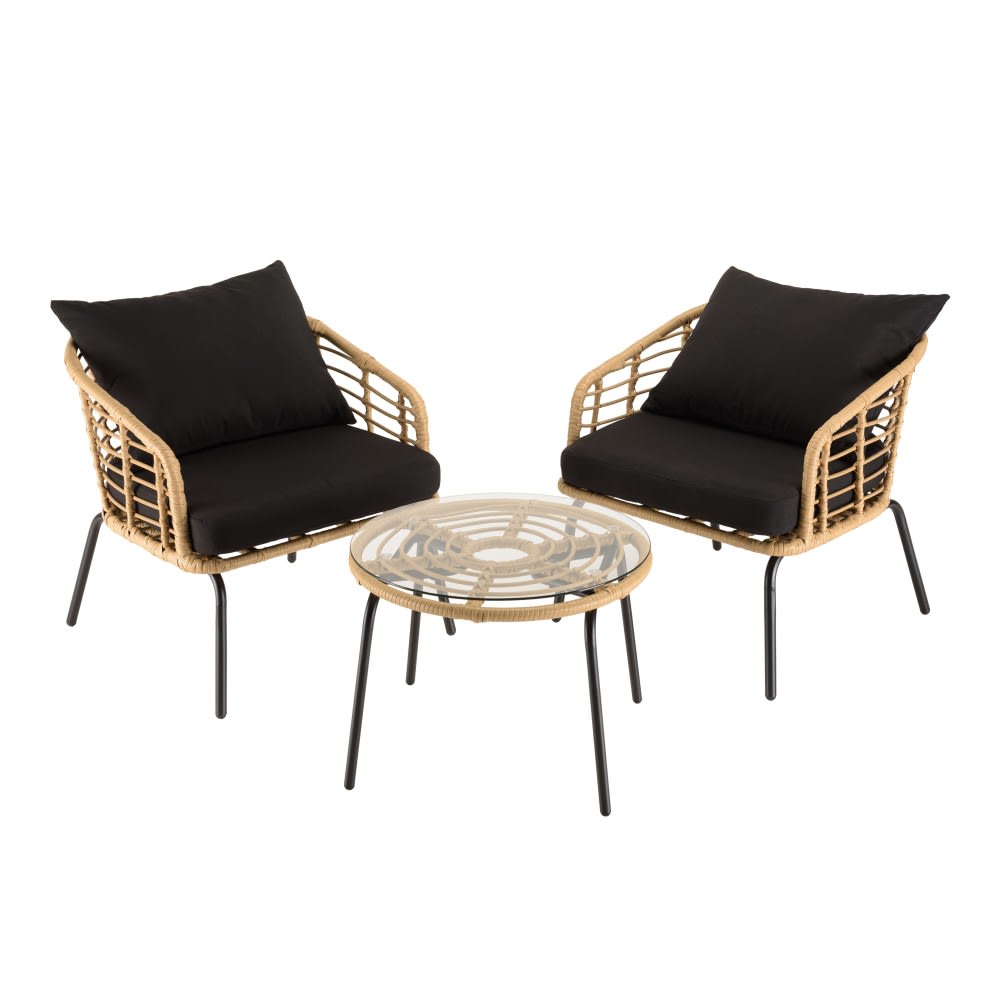 Ensemble de 2 fauteuils rotin synthétique et table basse ronde