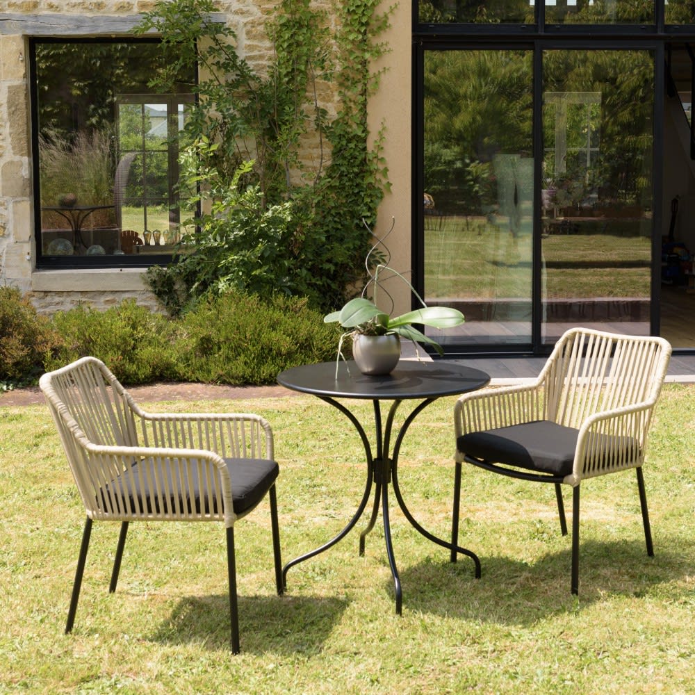 MACABANE Gartenmöbel 2 Pers - runder Tisch D70 und 2 Sessel beige/schwarz Braun Stahl