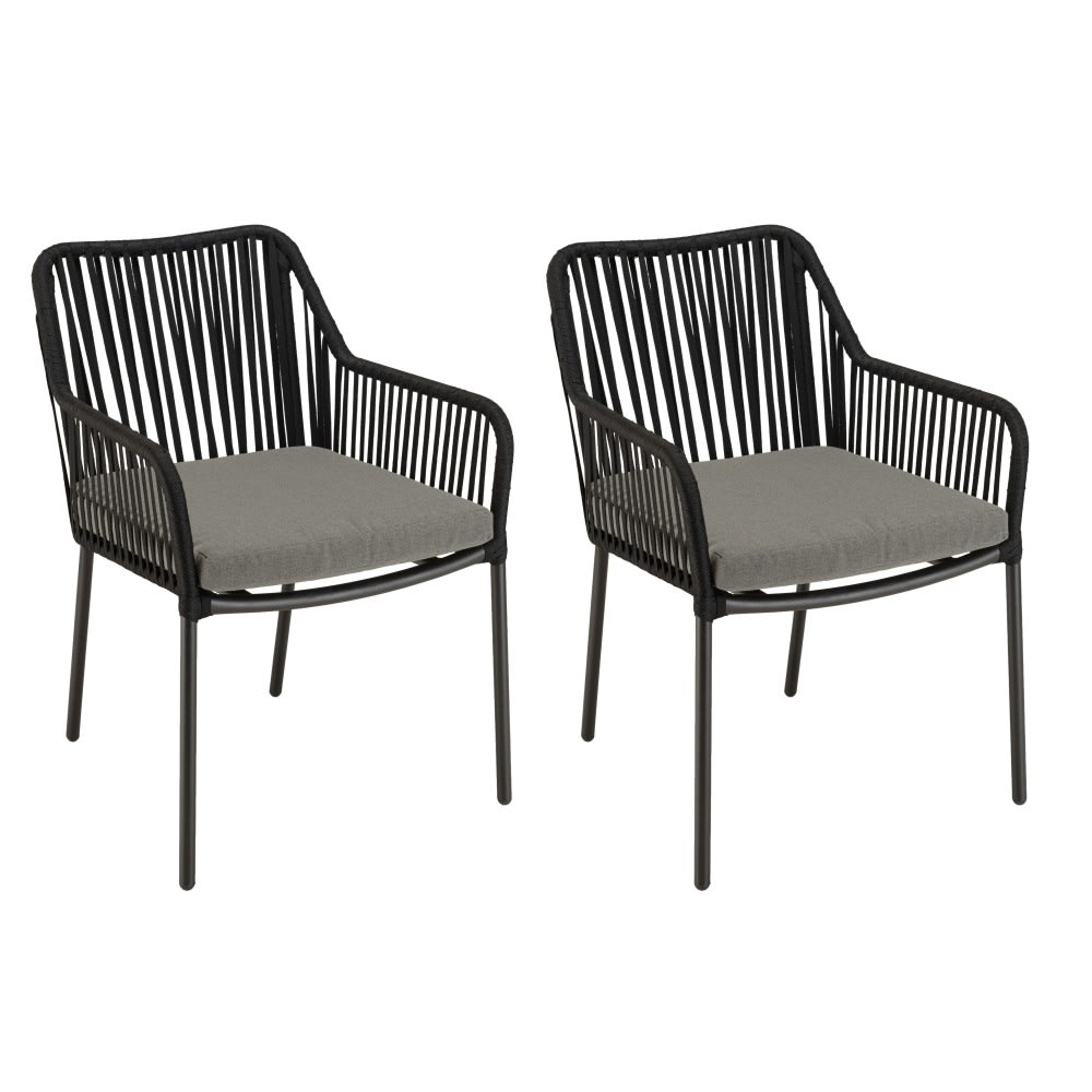 Lot de 2 fauteuils cordage noir coussin assise gris anthracite