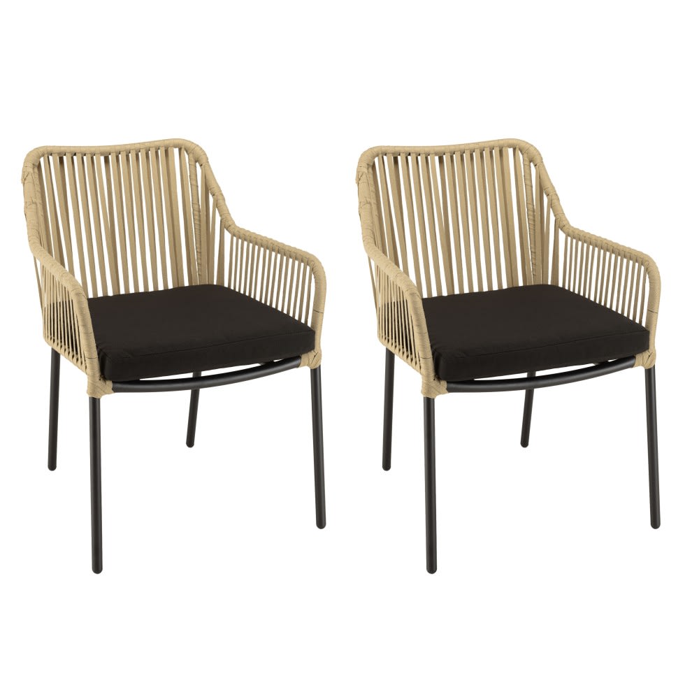 Lot de 2 fauteuils cordage couleur naturelle coussin assise noir