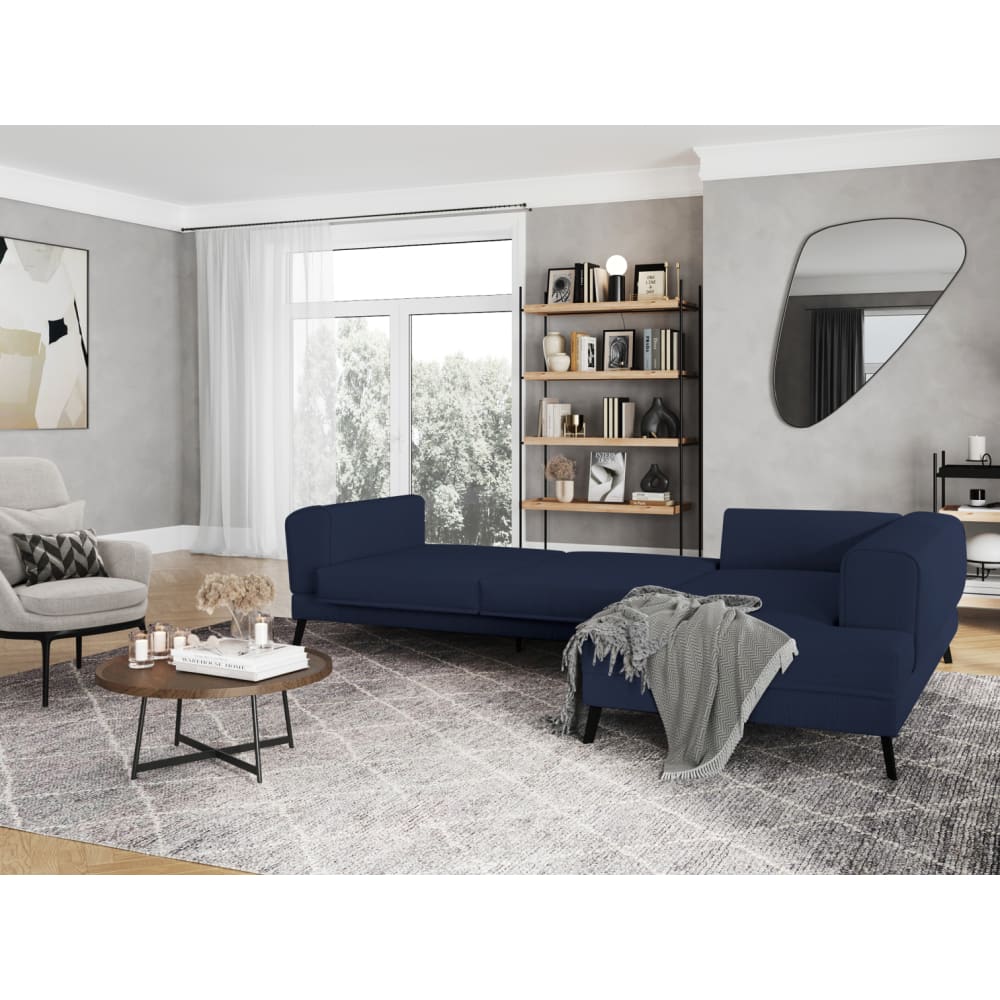 Canapé d'angle droit convertible 2 coffres en tissu - Bleu foncé