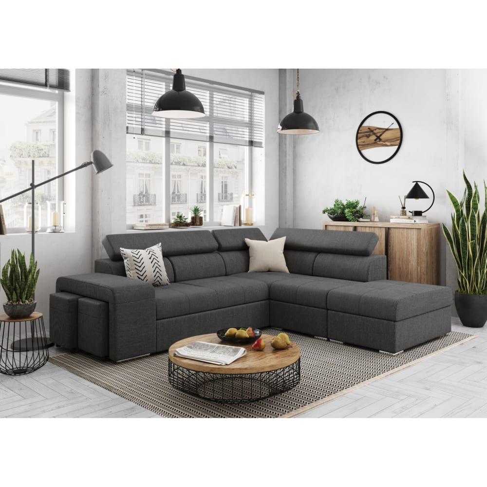 Canapé d'angle convertible en tissu - Gris foncé - Angle Droit