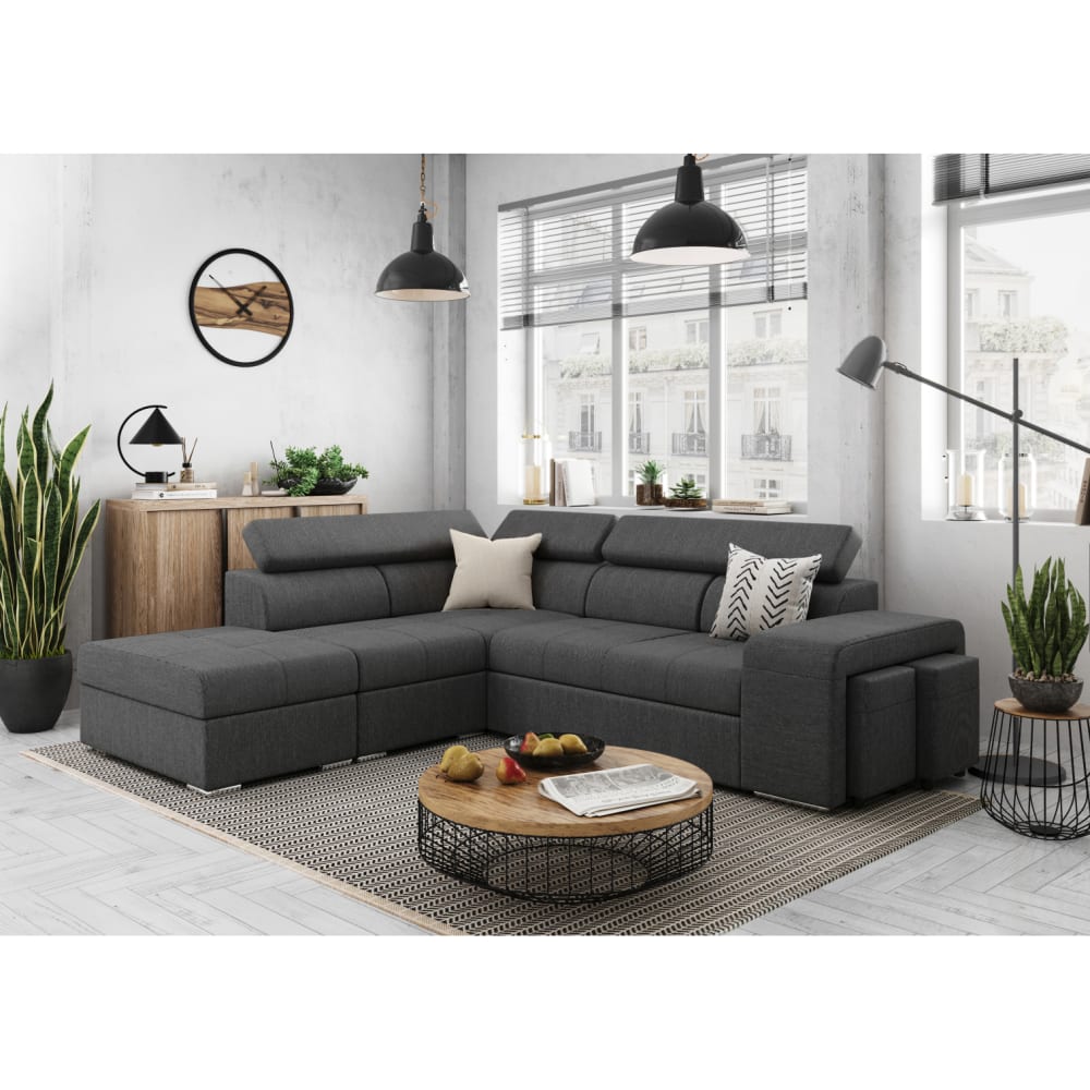 Canapé d'angle convertible en tissu - Gris foncé - Angle Gauche