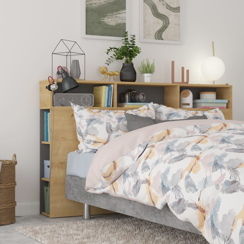 Tête de lit effet bois avec niches de rangement, chêne et gris 160 cm