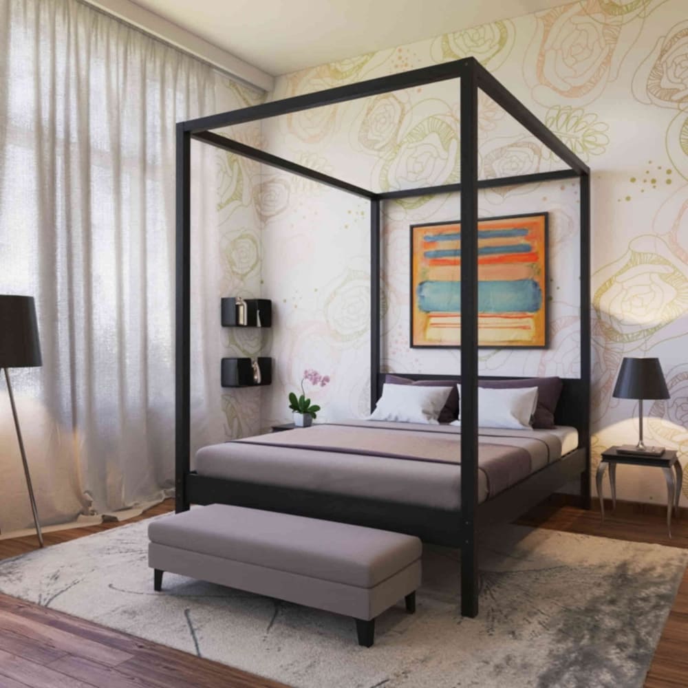 Lit à baldaquin effet bois, coloris noir 140x190