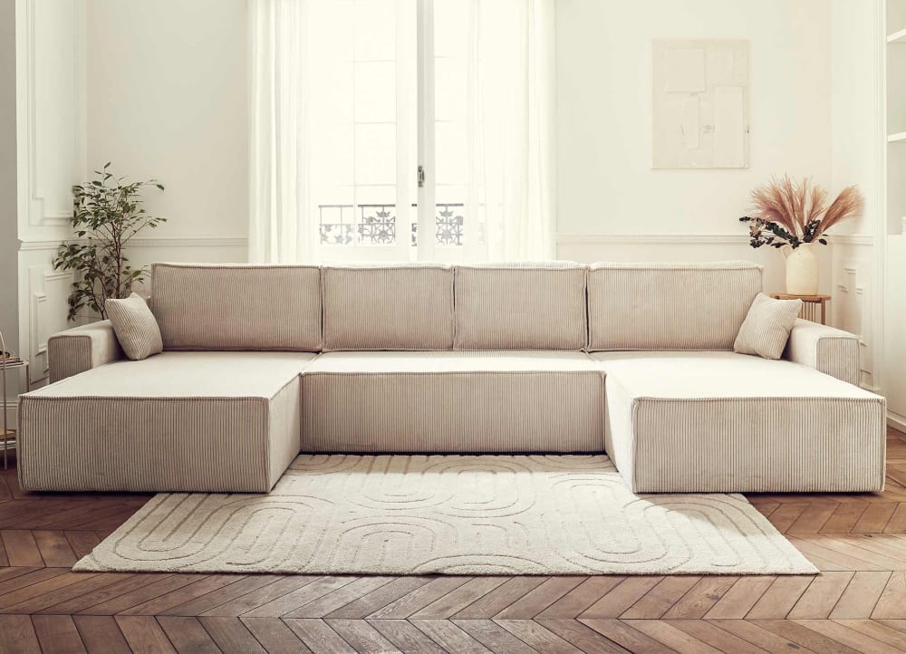 Canapé panoramique 7 places en u en velours côtelé beige - Maisons du Monde