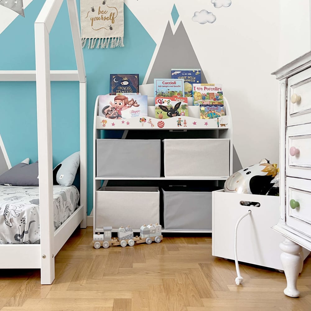 Regal für Schlafzimmer mit 4 Körben und 3 Regalen aus MDF -