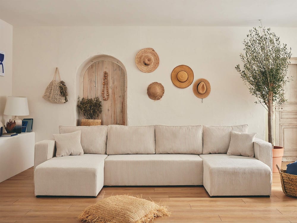 Canapé panoramique 7 places En U en Velours côtelé Beige