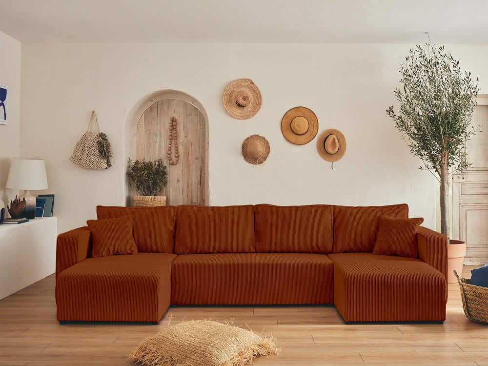 Canapé panoramique 7 places En U en Velours côtelé Terracotta