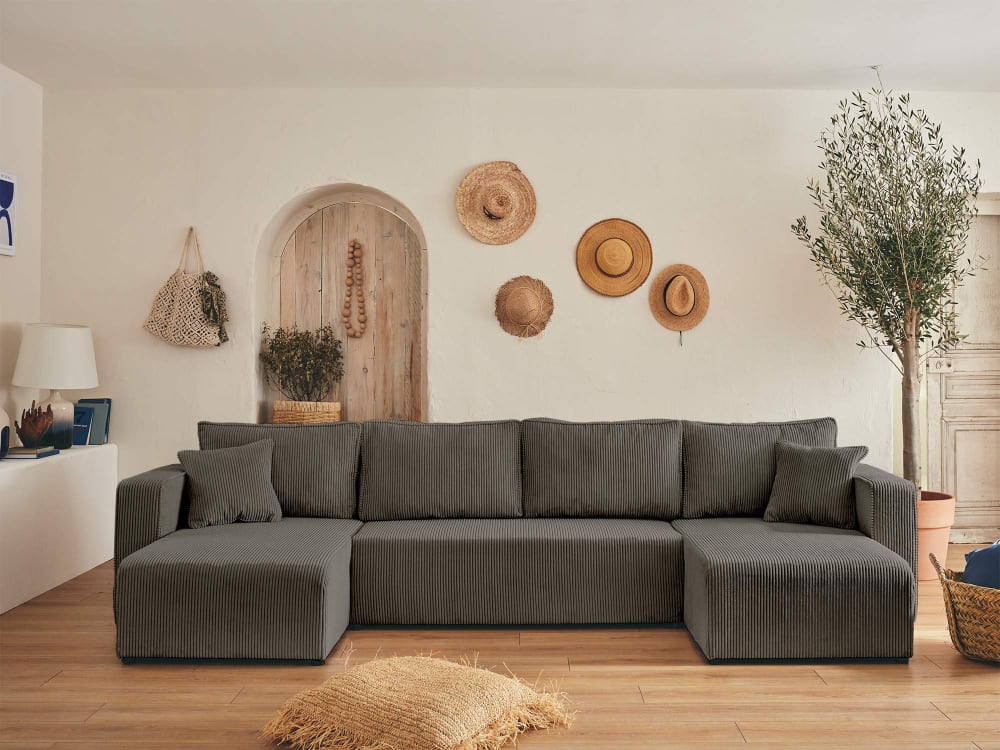 Canapé panoramique 7 places En U en Velours côtelé Gris