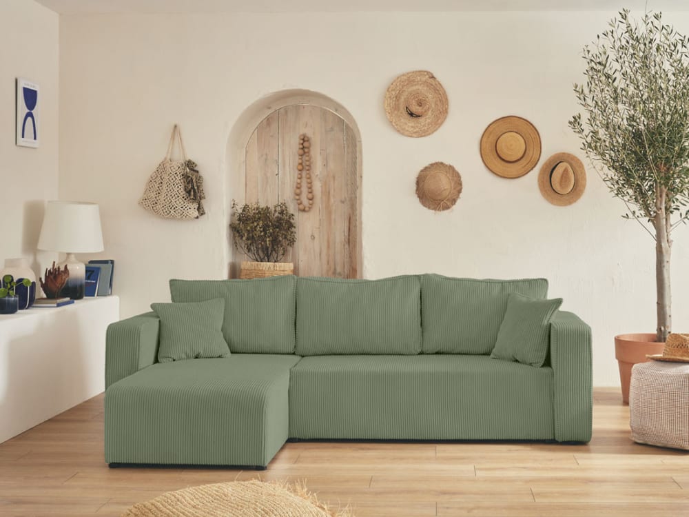 Canapé d'angle réversible convertible 4 places en velours côtelé vert - Maisons du Monde