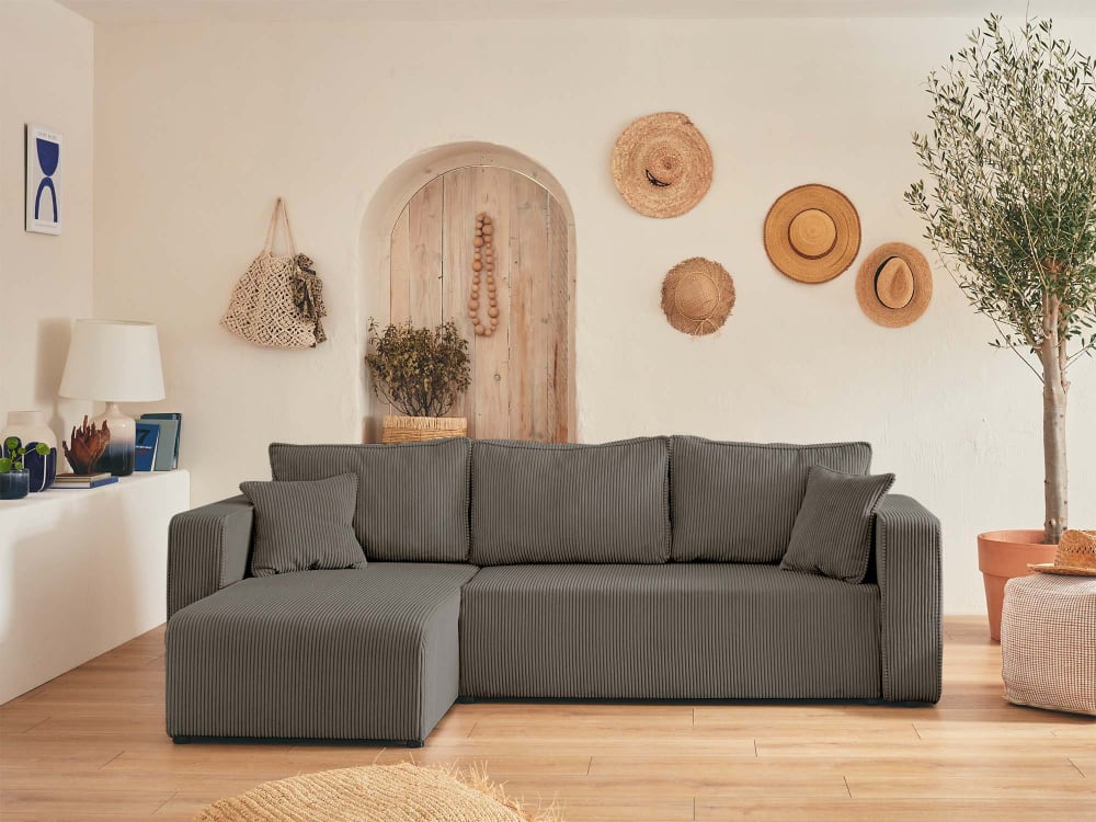 Canapé d'angle réversible convertible 4 places en velours côtelé gris - Maisons du Monde