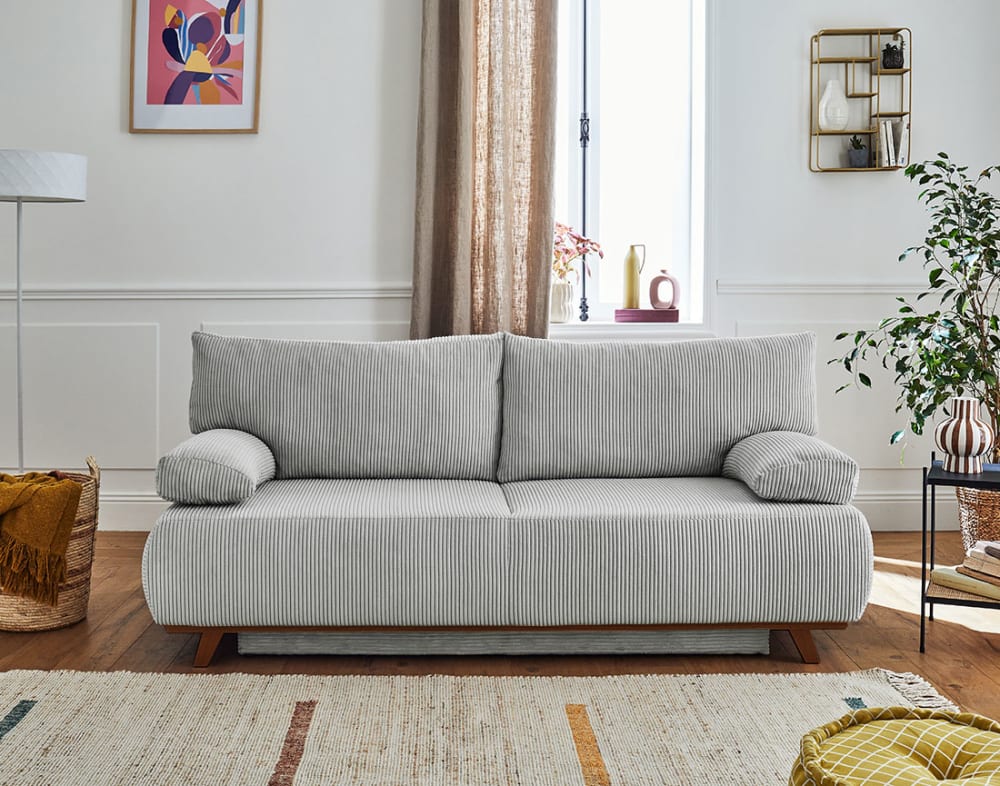 Canapé droit convertible 3 places en velours côtelé gris clair - Maisons du Monde