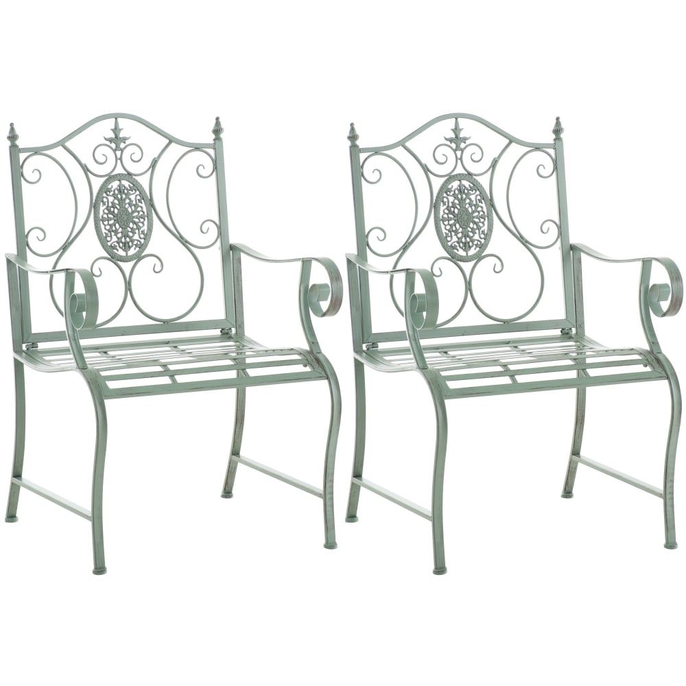 Lot 2 chaises de jardin avec accoudoirs en metall vert antique Lot 2 chaises de jardin avec accoudoirs en metall vert antique