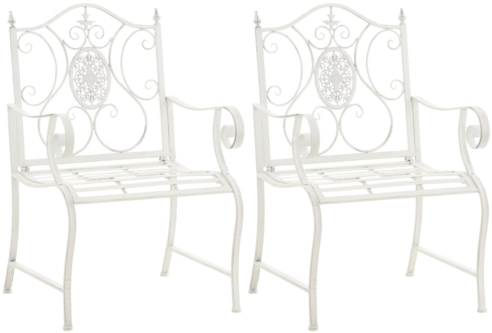Lot 2 chaises de jardin avec accoudoirs en métal Blanc antique