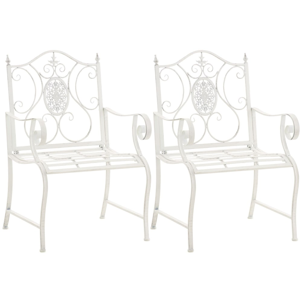 Lot 2 chaises de jardin avec accoudoirs en metall blanc antique