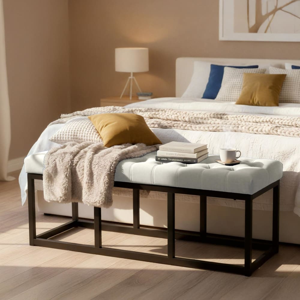 CLP Banquette avec cadre en métal et assise en samt crème style contemporain Beige Velours - 37x42x120cm