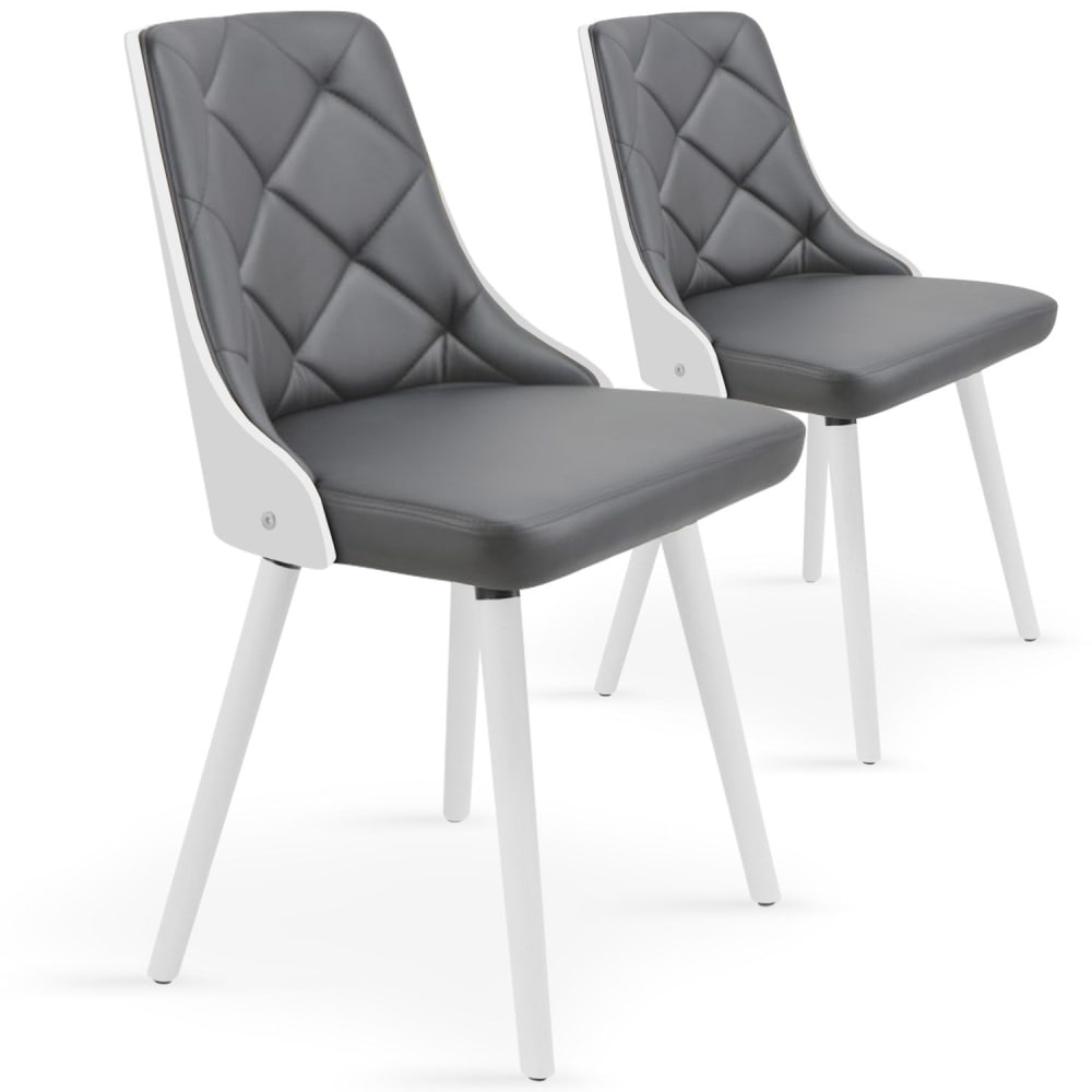 Menzzo Lot de 2 chaises scandinaves blanc & gris style contemporain Blanc Cuir - 61x49x49cm