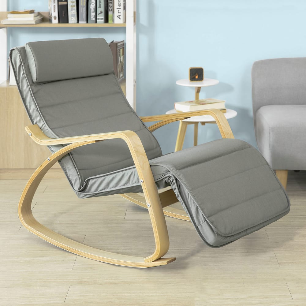 Fauteuil à bascule avec repose-pieds réglable en bois et coton gris