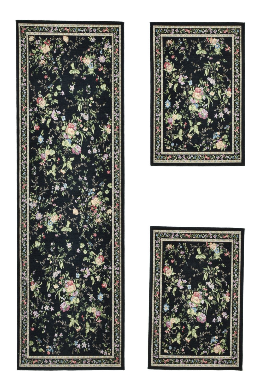 Tapis floral tissé plat noir 70x400 cm