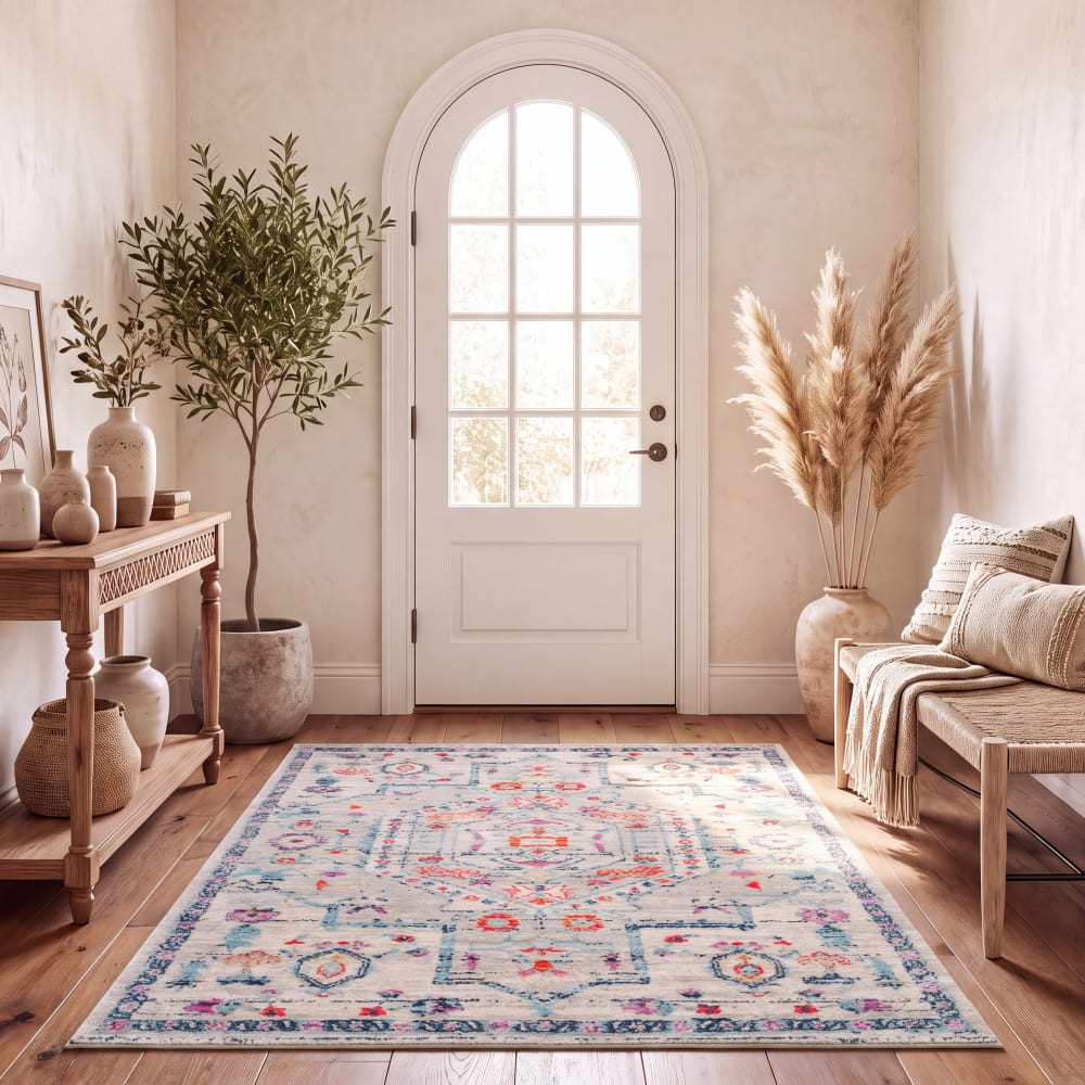 Alfombra transicional de polipropileno gris/rosa, 122 x 183 cm - Maisons du Monde