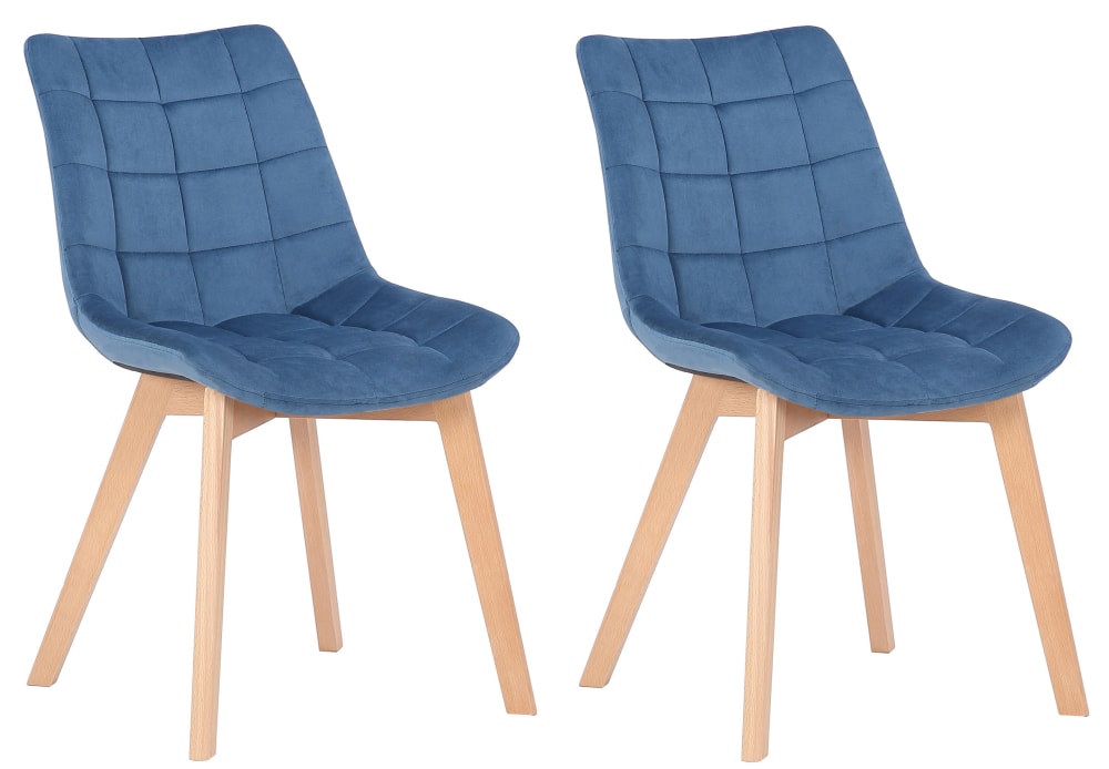 2Er Set StüHle Mit Holzgestell Und Sitz Aus Samt Blau