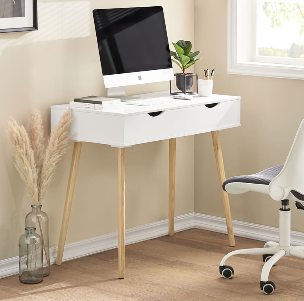 Bureau informatique 2 tiroirs effet bois blanc