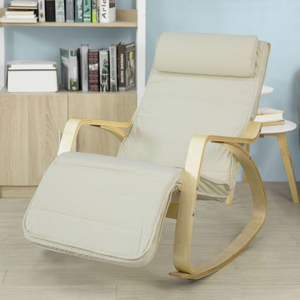 Fauteuil à bascule avec repose-pieds réglable en bois et coton beige