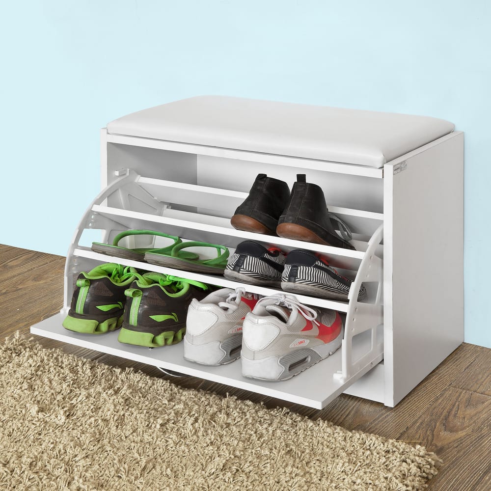 Banc à chaussures 1 abattant avec coussin effect bois blanc - Maisons du Monde