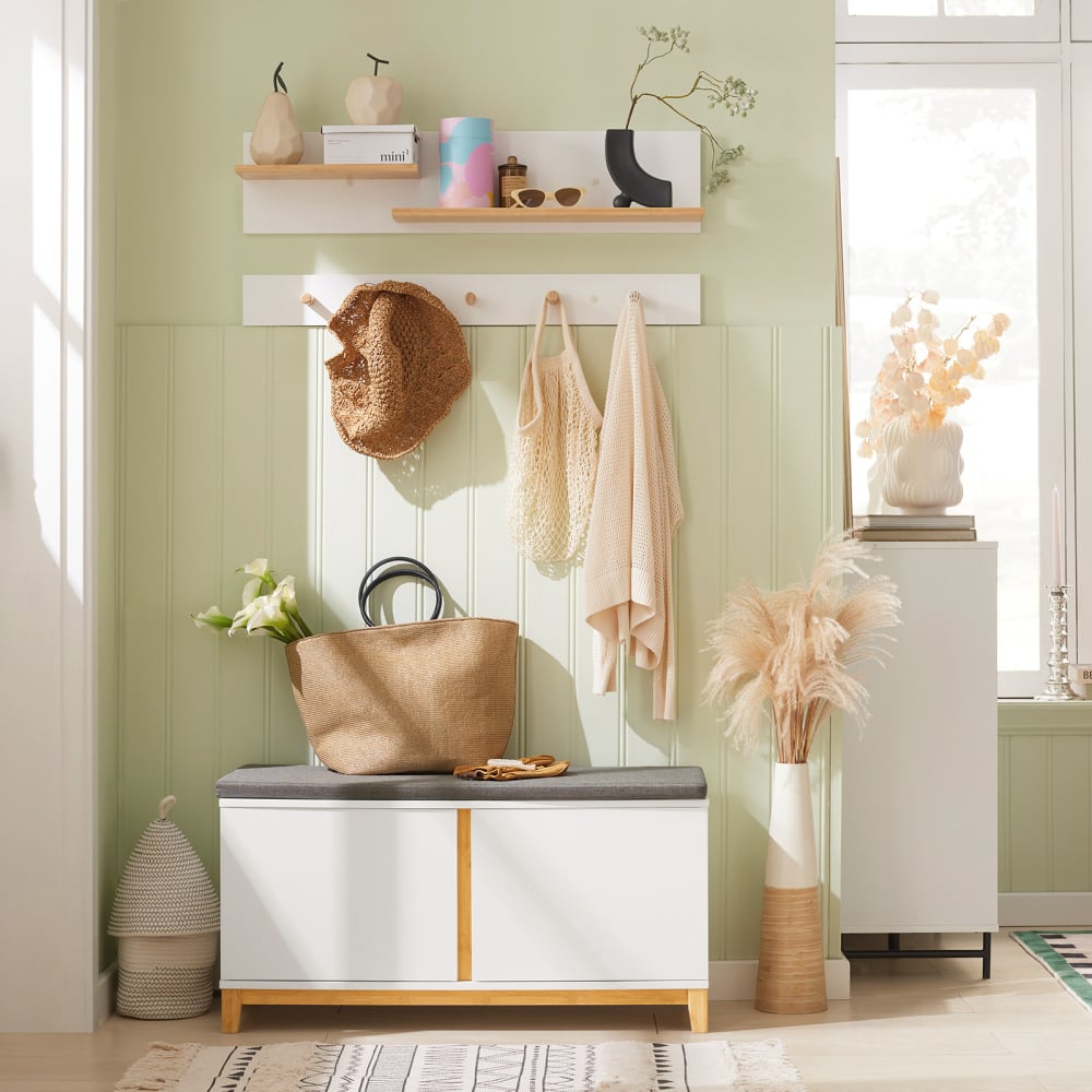 Banc d'entrée 2 portes effet bois blanc