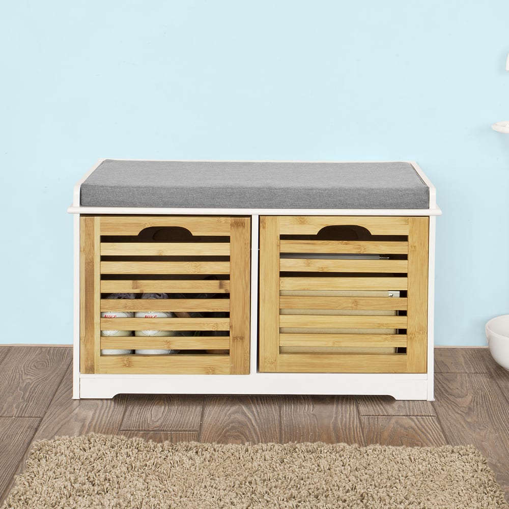 Scarpiera con seduta bianca in mdf e legno di bambù - SoBuy