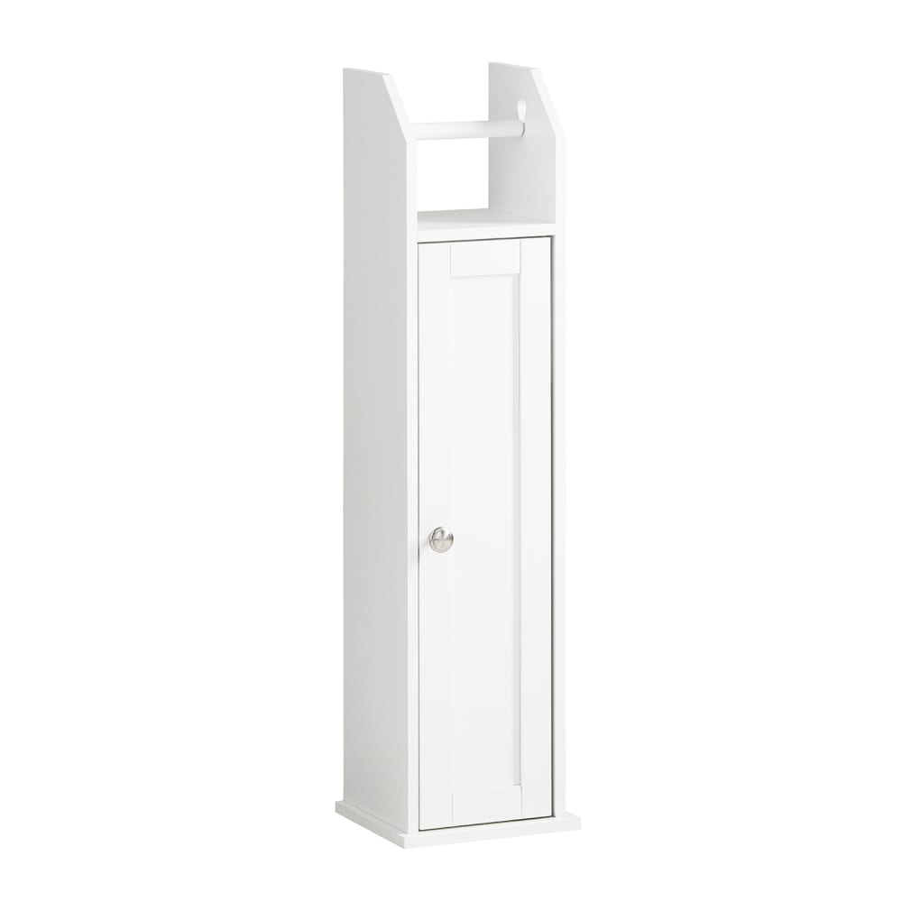 Armoire toilettes blanche avec porte brosse sur pieds effet bois