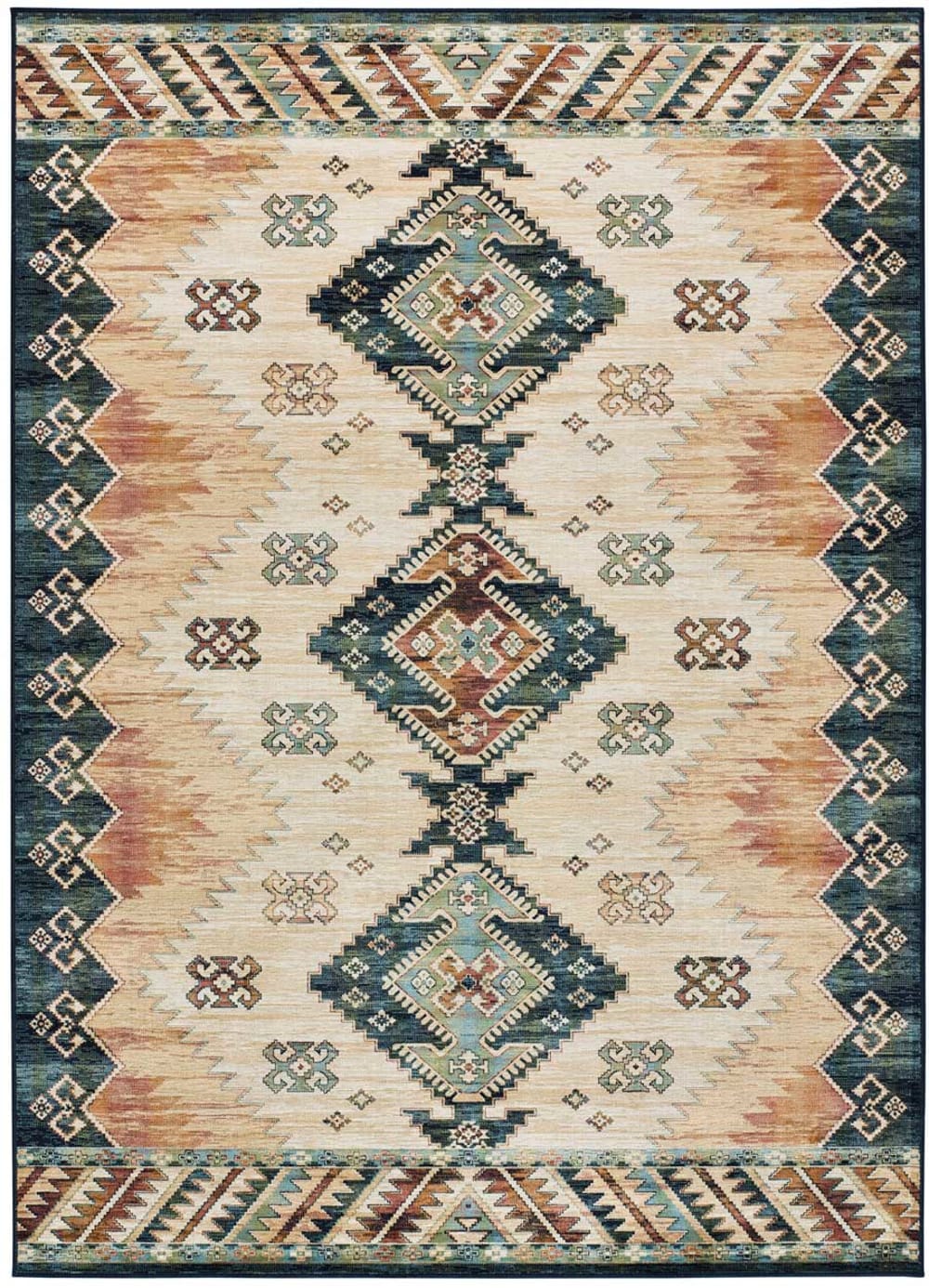 Tapis en viscose ethnique beige/rouille/bleu  95x140 cm