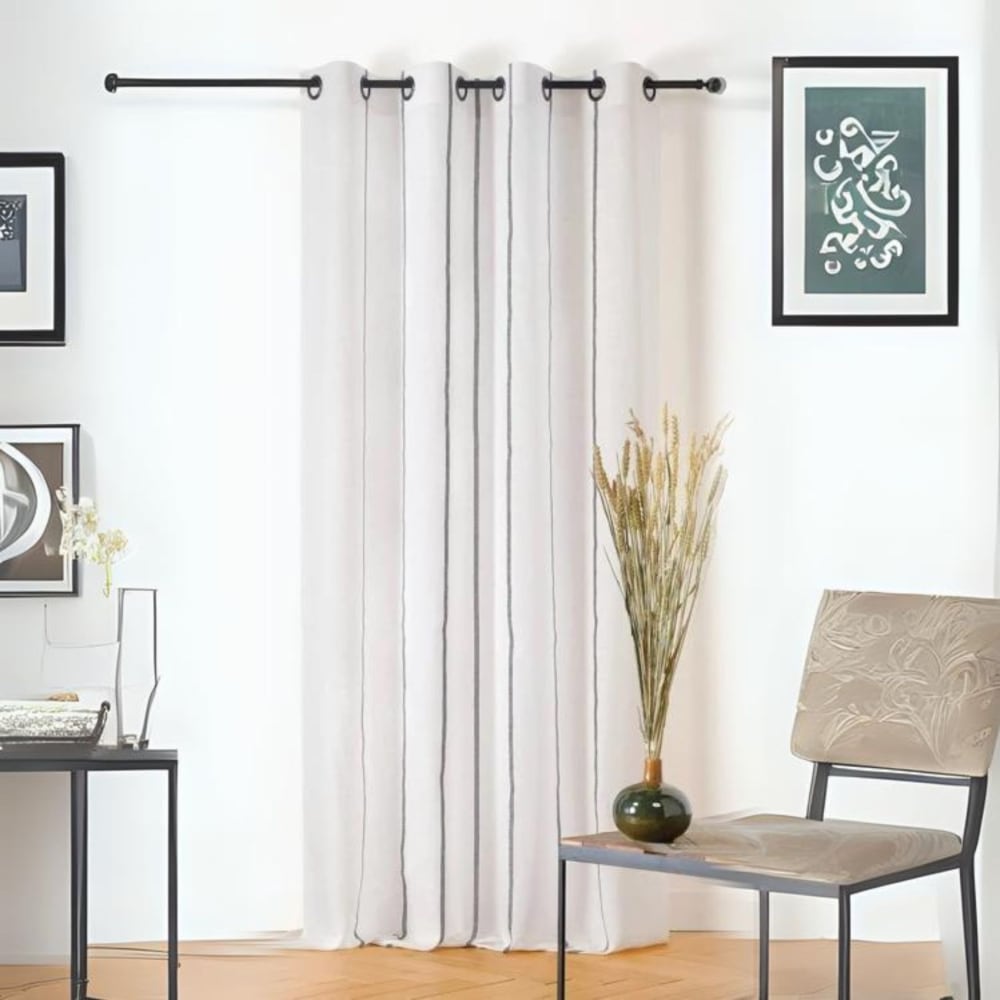 Voilage aux fines rayures noires poly-lin blanc cassé 145x260 cm