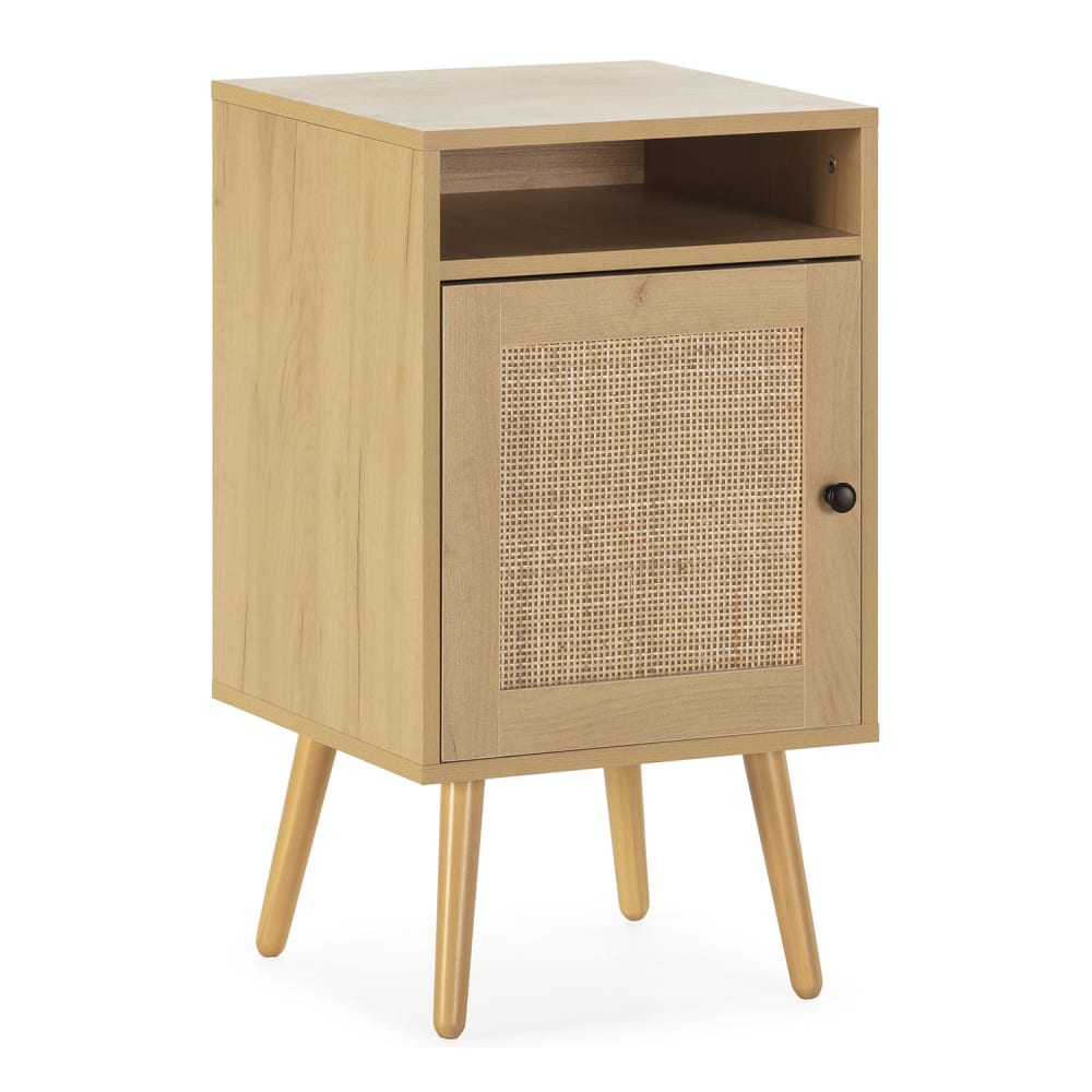 HOMN Nachttisch 1 Tür in Eichenfarbe, natürliches Rattan style modern Braun Spanplatte
