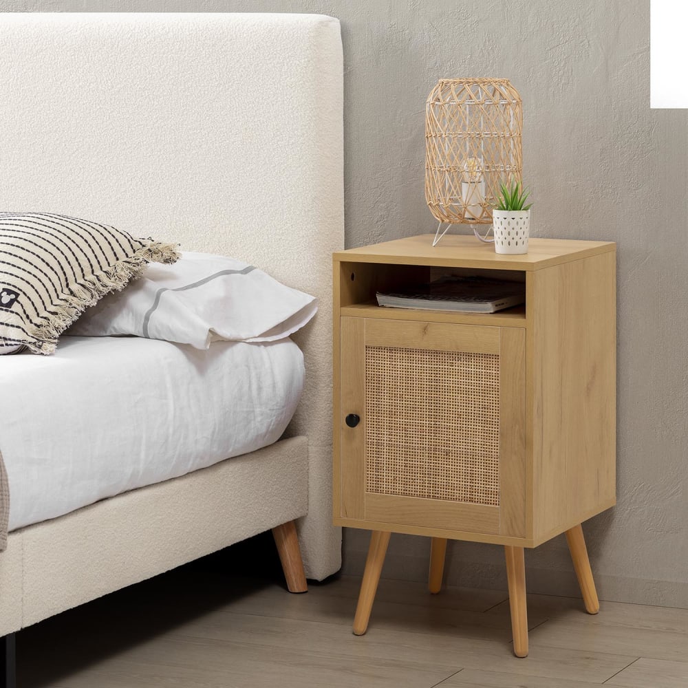 Table de chevet 1 porte couleur chêne, rotin naturel