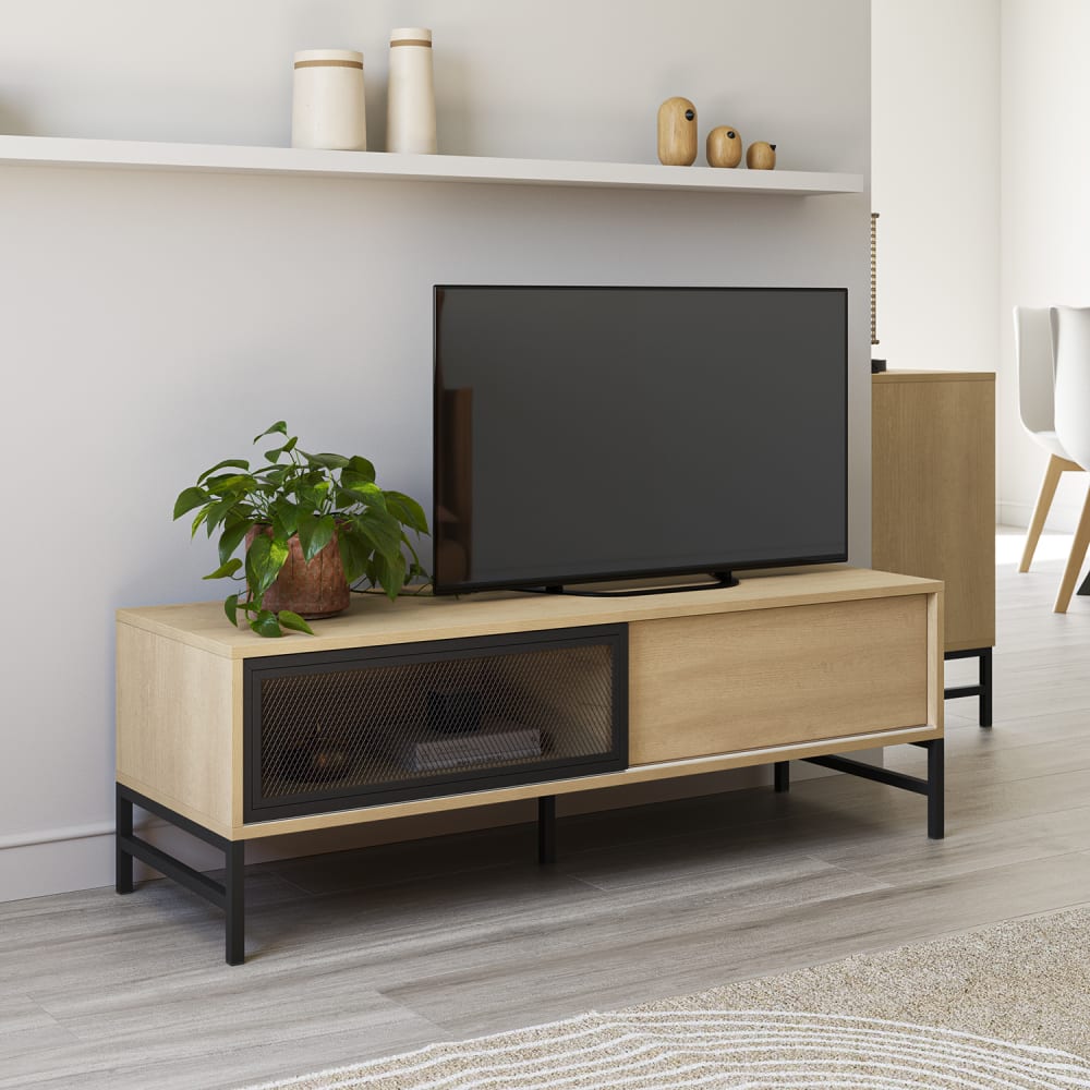 Meuble tv 2 portes en chêne et métal noir 120 cm - Maisons du Monde