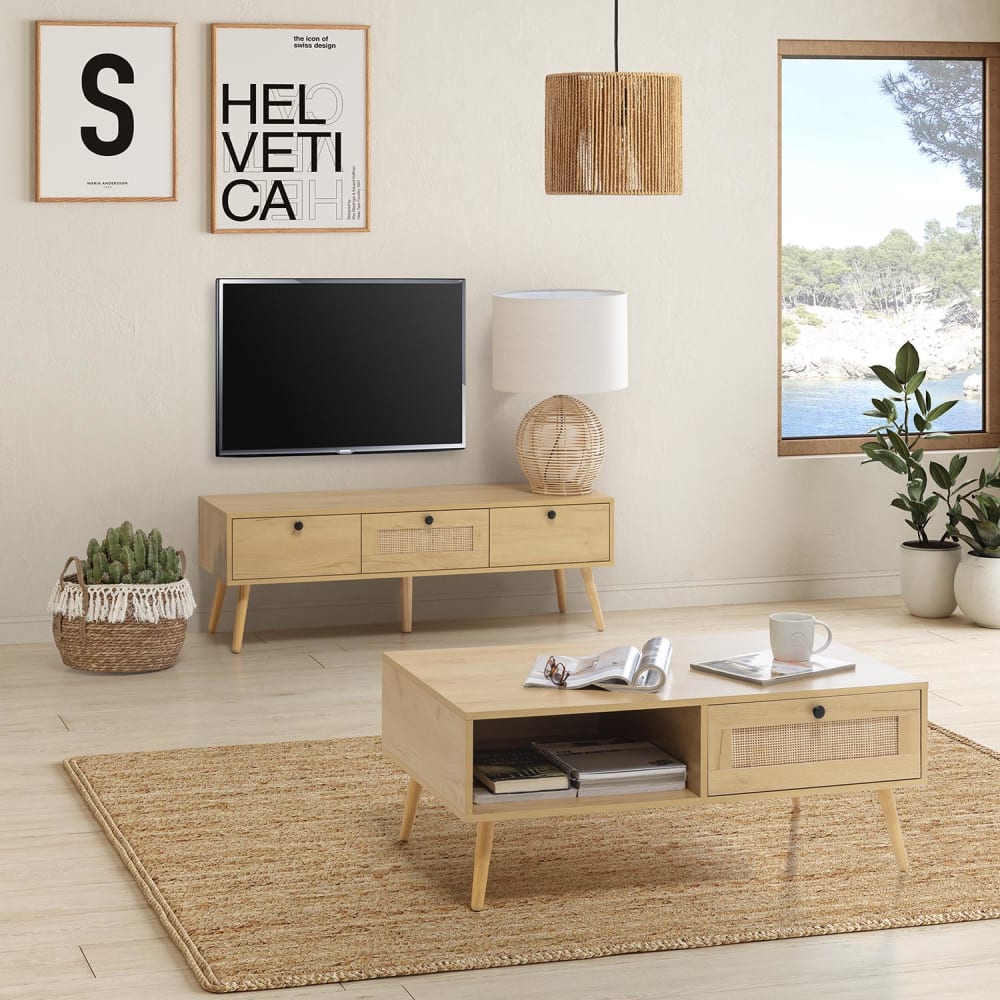 Meuble tv 3 portes couleur chêne avec rotin naturel