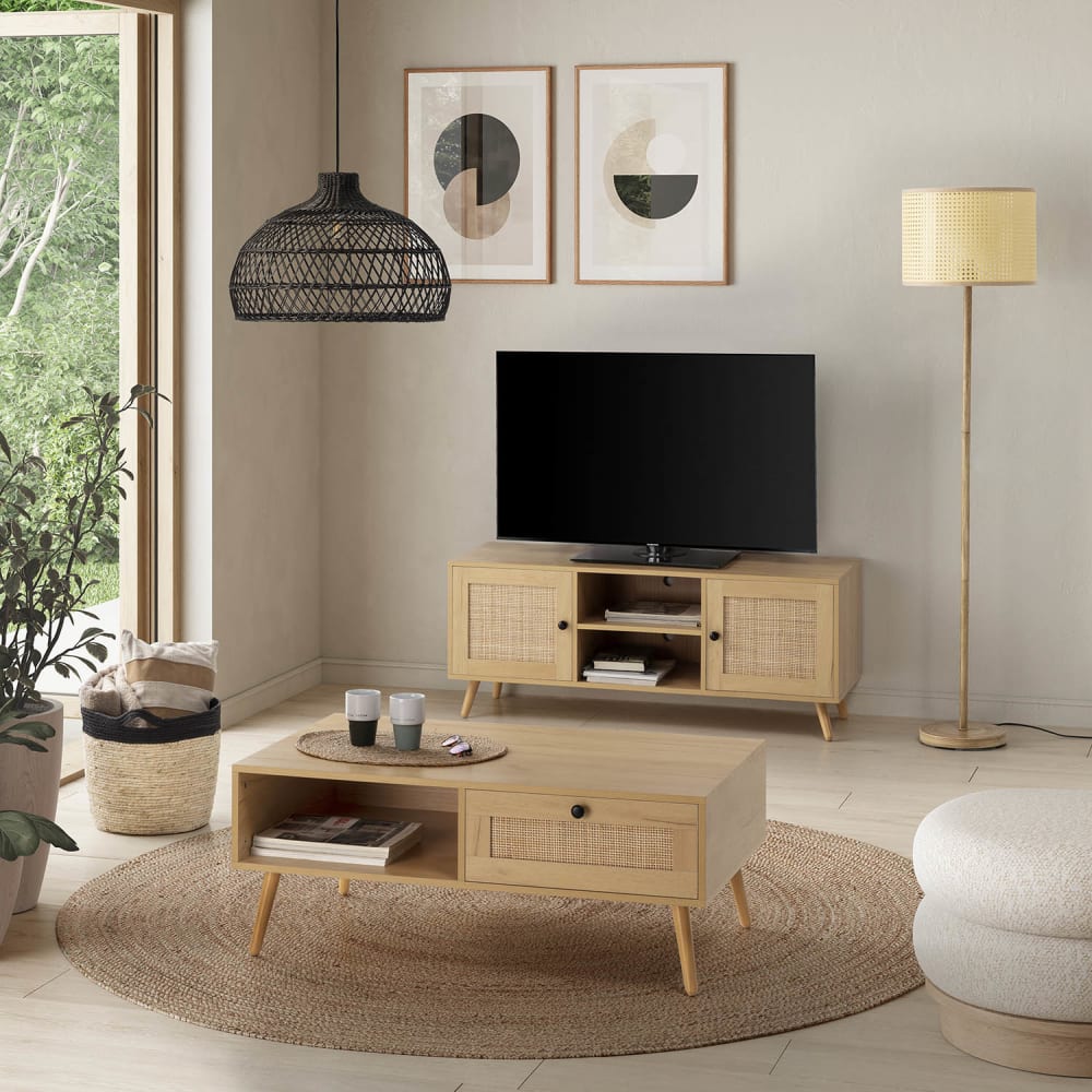 Meuble tv 2 portes couleur chêne avec rotin naturel