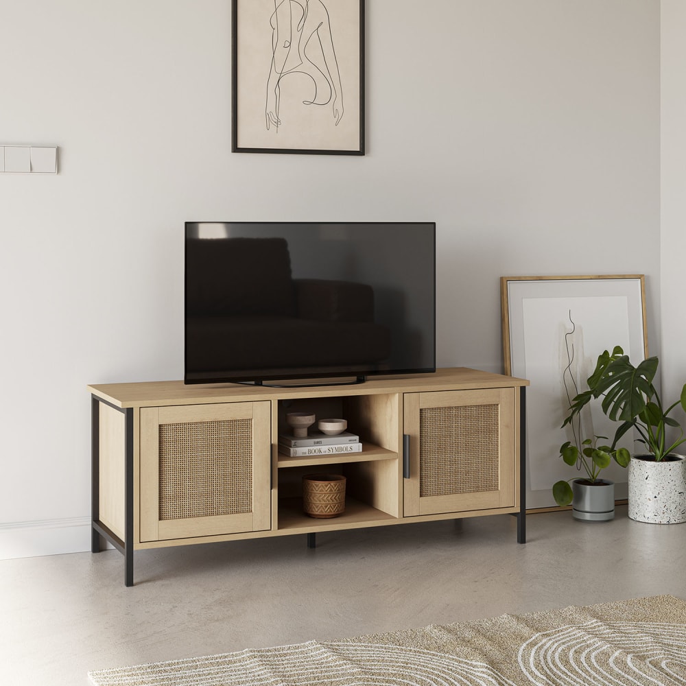 Meuble tv 2 portes couleur chêne avec rotin naturel, 120 cm