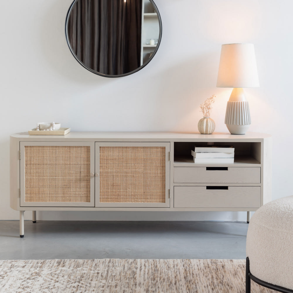 Meuble tv 2 portes, 2 tiroirs en bois et métal - Beige - Maisons du Monde