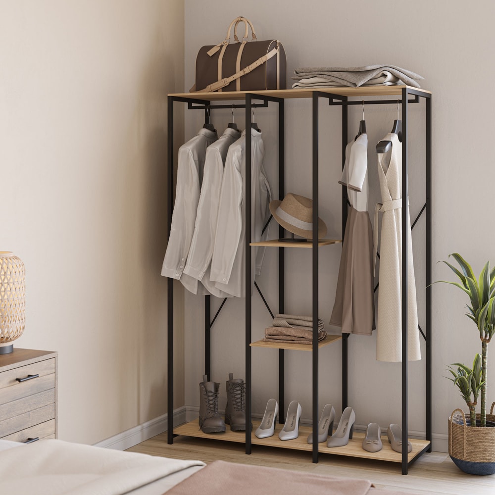 Dressing 3 étagères 2 barres, couleur chêne/noir