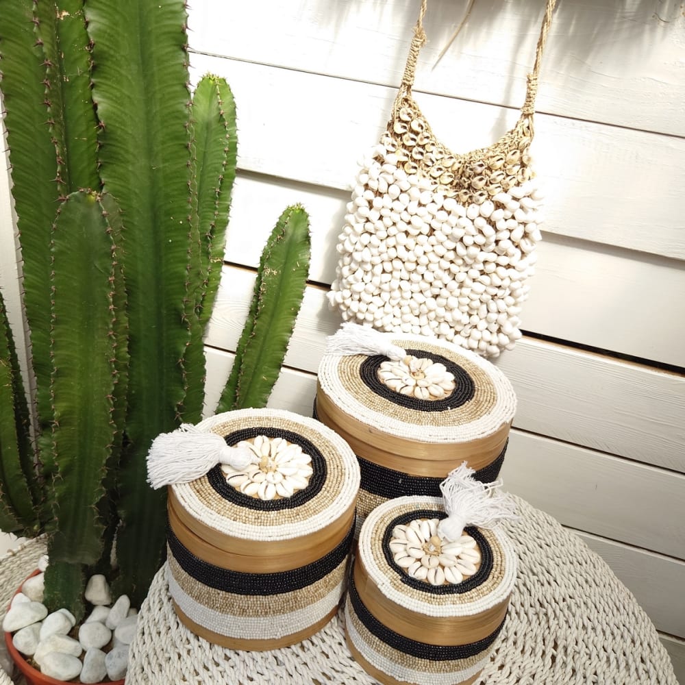 Boîtes en bambou, perles et coquillages, multicolore - lot de 3